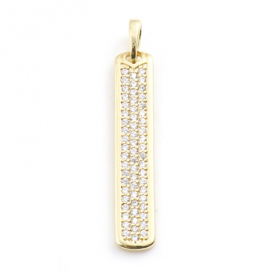Picture of Brass Micro Pave Pendants Rectangle Gold Plated Clear Rhinestone 3.6cm x 0.6cm, 1 Piece                                                                                                                                                                       
