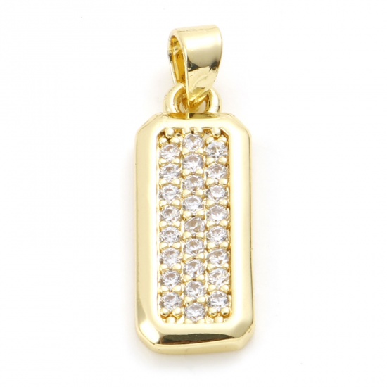 Picture of Copper Micro Pave Charms Rectangle Gold Plated Clear Rhinestone 22mm x 7mm, 1 Piece