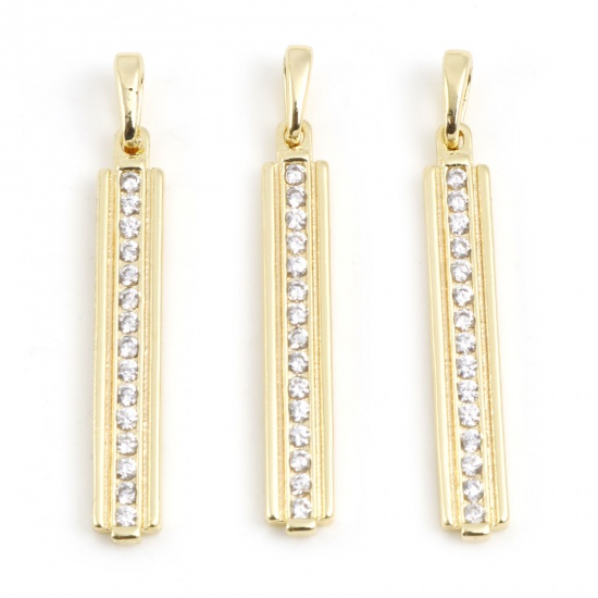 Picture of Brass Micro Pave Pendants Rectangle Gold Plated Clear Rhinestone 3.5cm x 0.5cm, 1 Piece                                                                                                                                                                       