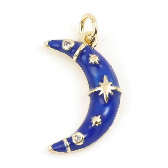 Picture of Brass Galaxy Charms Gold Plated Royal Blue Half Moon Star Enamel Clear Cubic Zirconia 23mm x 12mm, 1 Piece                                                                                                                                                    