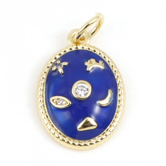 Picture of Brass Galaxy Charms Gold Plated Royal Blue Oval Moon Enamel Clear Cubic Zirconia 20mm x 12mm, 1 Piece                                                                                                                                                         