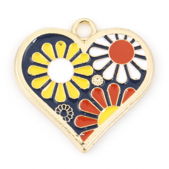 Picture of Zinc Based Alloy Valentine's Day Charms Gold Plated Black Heart Flower Enamel 22mm x 21mm, 5 PCs