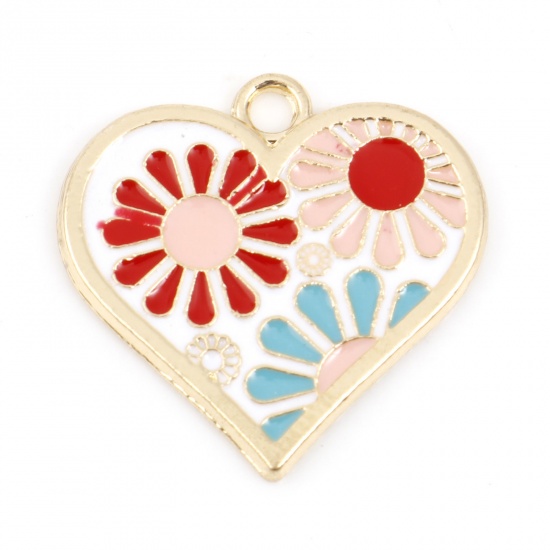 Picture of Zinc Based Alloy Valentine's Day Charms Gold Plated White Heart Flower Enamel 22mm x 21mm, 5 PCs