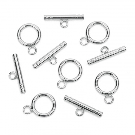304ステンレス鋼 マンテル トグルクラスプ 環状 縞模様 シルバートーン 13mm 直径、 22mm x 3mm、 1 セット の画像