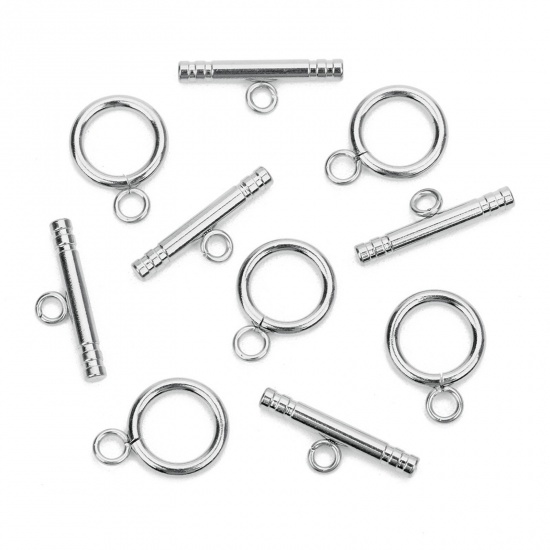 Picture of 304 Stainless Steel Toggle Clasps Circle Ring Stripe Silver Tone 13mm Dia., 22mm x 3mm, 1 Set