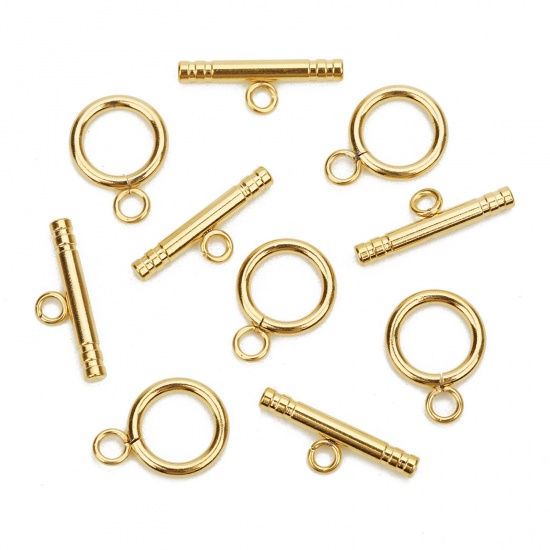 Picture of 1 Set 304 Stainless Steel Toggle Clasps Circle Ring Stripe 18K Gold Color 13mm Dia., 22mm x 3mm