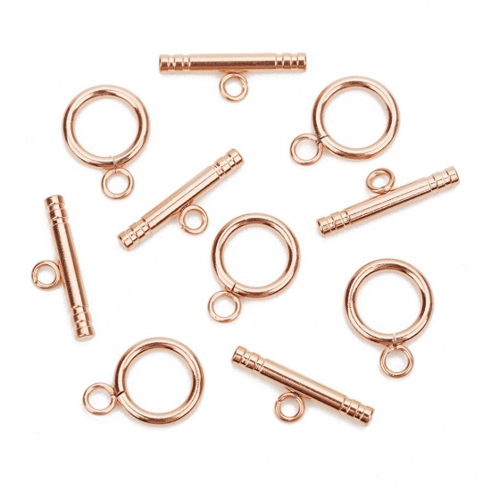 Picture of 304 Stainless Steel Toggle Clasps Circle Ring Stripe Rose Gold 13mm Dia., 22mm x 3mm, 1 Set