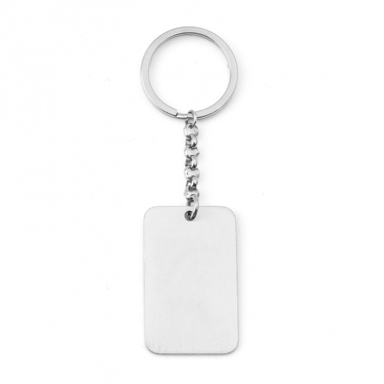 Picture of 304 Stainless Steel Blank Stamping Tags Keychain & Keyring Silver Tone Rectangle One-sided Polishing 10.3cm x 3cm, 1 Piece