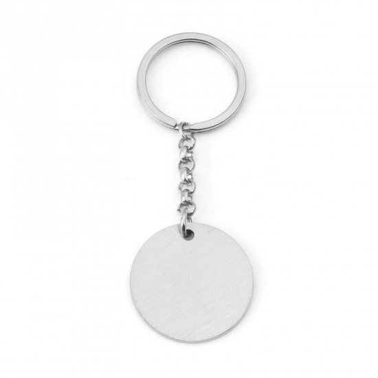 Picture of 304 Stainless Steel Blank Stamping Tags Keychain & Keyring Silver Tone Round One-sided Polishing 9cm x 3.2cm, 1 Piece
