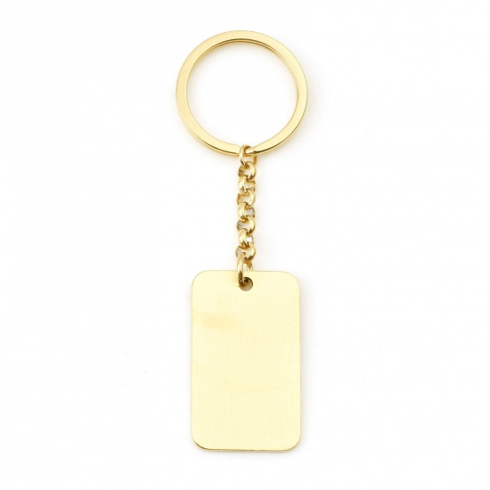 Picture of 304 Stainless Steel Blank Stamping Tags Keychain & Keyring Gold Plated Rectangle One-sided Polishing 9.8cm x 3cm, 1 Piece