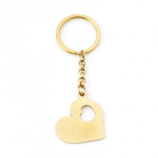 Picture of 304 Stainless Steel Valentine's Day Blank Stamping Tags Keychain & Keyring Gold Plated Heart One-sided Polishing 9.3cm x 3.1cm, 1 Piece