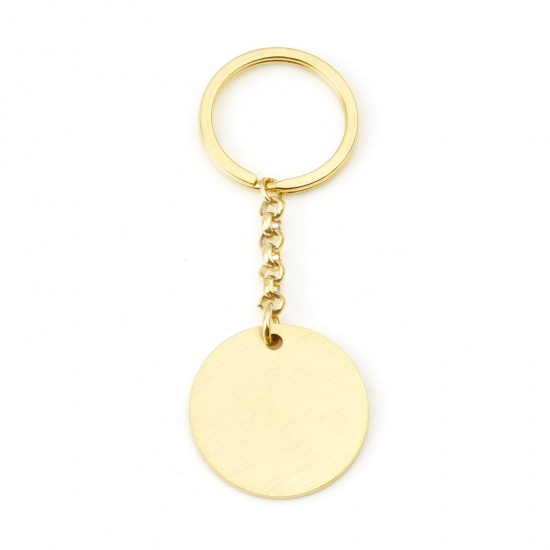 Picture of 304 Stainless Steel Blank Stamping Tags Keychain & Keyring Gold Plated Round One-sided Polishing 9.3cm x 3.2cm, 1 Piece
