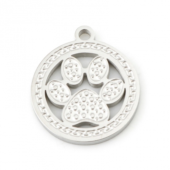 Picture of 1 Piece 304 Stainless Steel Pet Memorial Blank Stamping Tags Charms Round Paw Print Silver Tone 17mm x 15mm