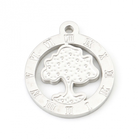 Picture of 1 Piece 304 Stainless Steel Flora Collection Blank Stamping Tags Charms Round Tree Silver Tone 17mm x 15mm