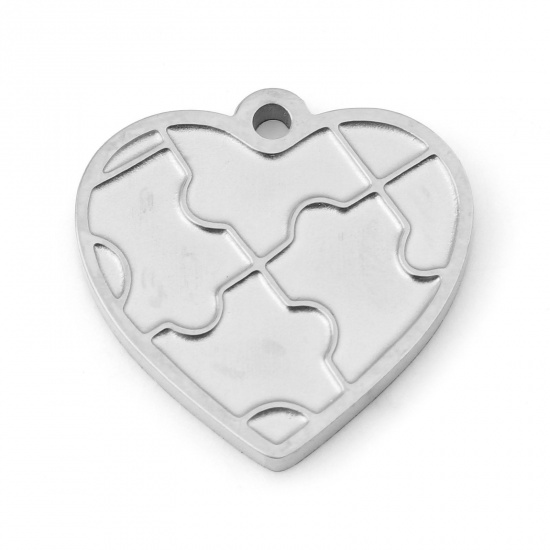 Picture of 1 Piece 304 Stainless Steel Puzzle Blank Stamping Tags Charms Heart Silver Tone 16mm x 15mm