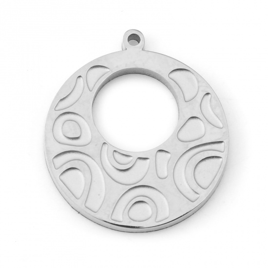 Picture of 1 Piece 304 Stainless Steel Blank Stamping Tags Charms Round Circle Silver Tone Hollow 17mm x 15mm