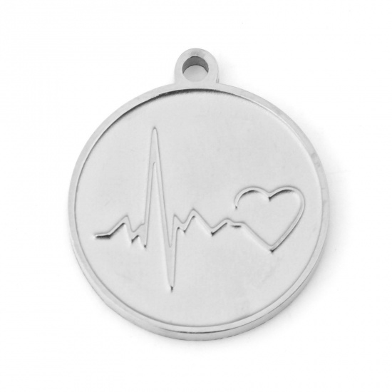 Picture of 1 Piece 304 Stainless Steel Medical Blank Stamping Tags Charms Round Medical Heartbeat/ Electrocardiogram Silver Tone 17mm x 15mm