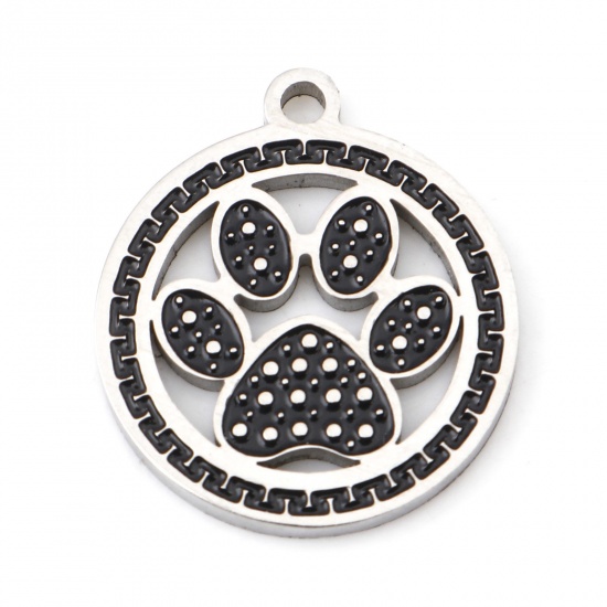 Image de Breloques en 304 Acier Inoxydable Mémorial d'Animaux Domestiques Rond Argent Mat Noir Empreinte de Patte Émail 17mm x 15mm , 1 Pièce