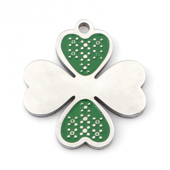 Image de Breloques en 304 Acier Inoxydable Collection Végétale Trèfle à Quatre Feuilles Argent Mat Vert Émail 17mm x 16mm , 1 Pièce