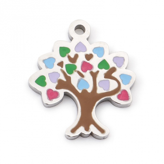 Image de Breloques en 304 Acier Inoxydable Collection Végétale Arbre Argent Mat Multicolore Émail 17mm x 15mm , 1 Pièce