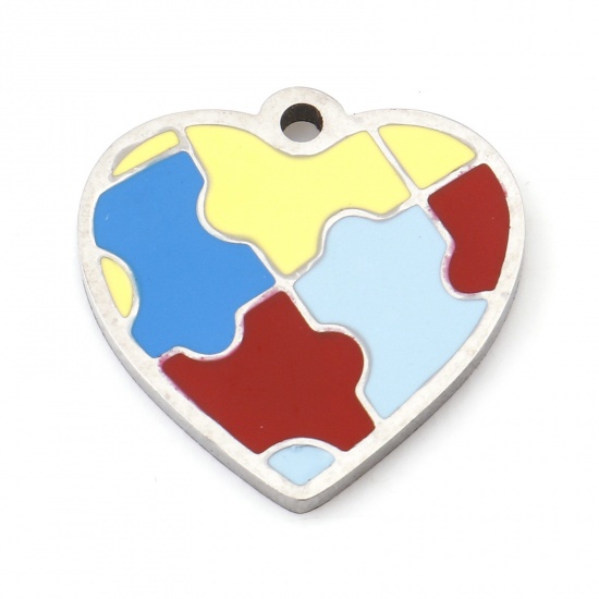 Image de Breloques en 304 Acier Inoxydable Puzzle Cœur Argent Mat Multicolore Émail 15mm x 15mm , 1 Pièce