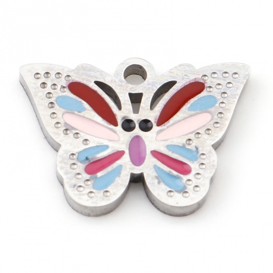 Image de Breloques en 304 Acier Inoxydable Insecte Papillon Argent Mat Multicolore Émail 15mm x 10.5mm , 1 Pièce