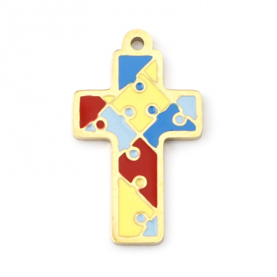 Immagine di 1 Pz Placcatura Sottovuoto 304 Acciaio Inossidabile Religione Ciondoli Croce Oro Placcato Multicolore Smalto 25mm x 15mm