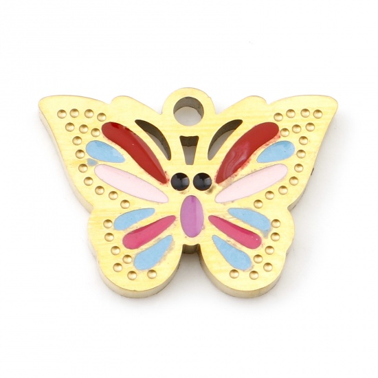 Immagine di 304 Acciaio Inossidabile Insetto Charms Farfalla Oro Placcato Multicolore Smalto 15mm x 10.5mm, 1 Pz