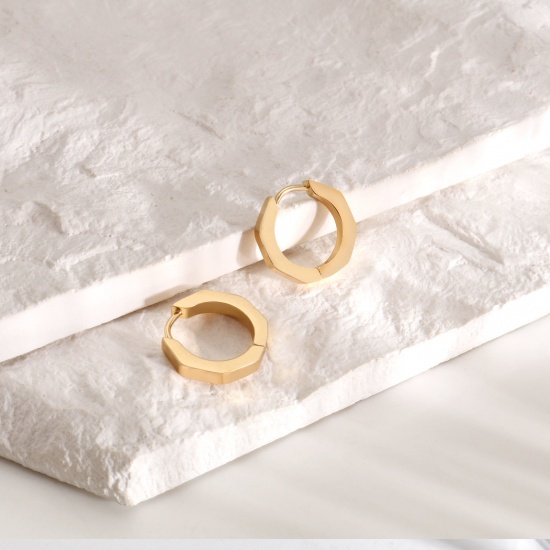 Imagen de 2 Unidades Respetuoso del Medio Ambiente Elegante Exquisito 18K Oro Real Chapado 304 Acero Inoxidable Polígono Pendientes de Aro Para Mujeres Regalo 17mm x 16mm