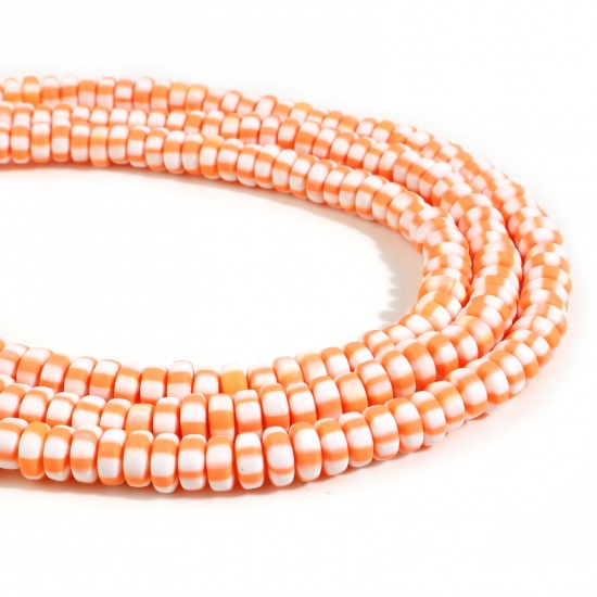 Picture of Polymer Clay Beads Flat Round Orange Stripe Pattern About 7mm - 8mm Dia, Hole: Approx 1.5mm, 39.5cm(15 4/8") long, 2 Strands (Approx 110 PCs/Strand)