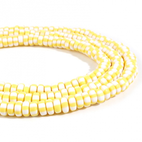 Picture of Polymer Clay Beads Flat Round Yellow Stripe Pattern About 7mm - 8mm Dia, Hole: Approx 1.5mm, 39.5cm(15 4/8") long, 2 Strands (Approx 110 PCs/Strand)