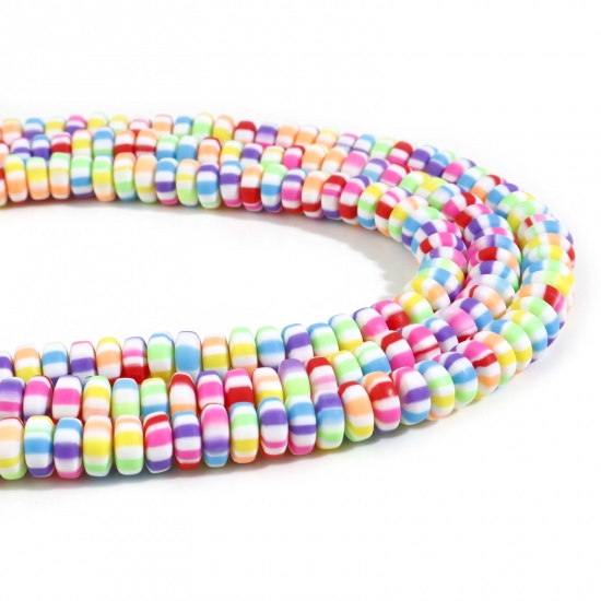 Picture of Polymer Clay Beads Flat Round Multicolor Stripe Pattern About 7mm - 8mm Dia, Hole: Approx 1.5mm, 39.5cm(15 4/8") long, 2 Strands (Approx 110 PCs/Strand)