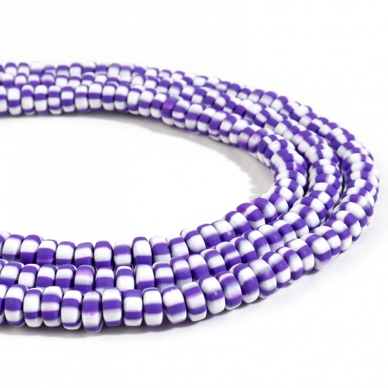 Picture of Polymer Clay Beads Flat Round Purple Stripe Pattern About 7mm - 8mm Dia, Hole: Approx 1.5mm, 39.5cm(15 4/8") long, 2 Strands (Approx 110 PCs/Strand)