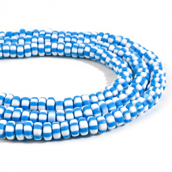 Picture of Polymer Clay Beads Flat Round Blue Stripe Pattern About 7mm - 8mm Dia, Hole: Approx 1.5mm, 39.5cm(15 4/8") long, 2 Strands (Approx 110 PCs/Strand)