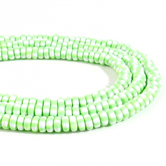 Picture of Polymer Clay Beads Flat Round Light Green Stripe Pattern About 7mm - 8mm Dia, Hole: Approx 1.5mm, 39.5cm(15 4/8") long, 2 Strands (Approx 110 PCs/Strand)