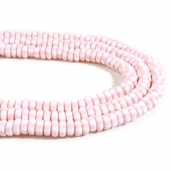 Picture of Polymer Clay Beads Flat Round Light Pink Stripe Pattern About 7mm - 8mm Dia, Hole: Approx 1.5mm, 39.5cm(15 4/8") long, 2 Strands (Approx 110 PCs/Strand)