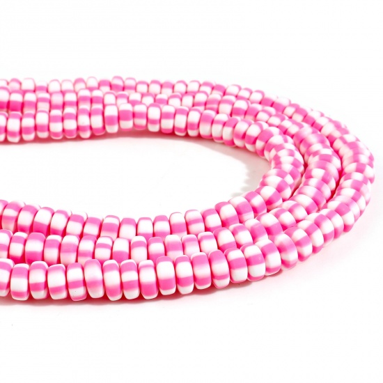 Picture of Polymer Clay Beads Flat Round Fuchsia Stripe Pattern About 7mm - 8mm Dia, Hole: Approx 1.5mm, 39.5cm(15 4/8") long, 2 Strands (Approx 110 PCs/Strand)