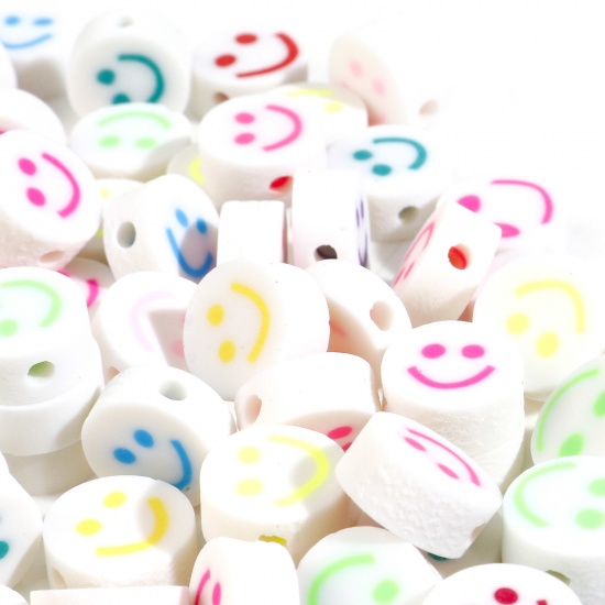 Picture of Polymer Clay Beads Flat Round At Random Color Smile Pattern About 10mm Dia, Hole: Approx 1.5mm, 100 PCs