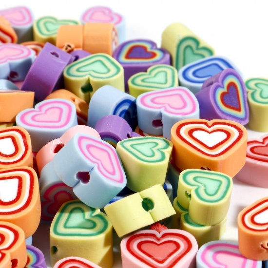 Picture of Polymer Clay Valentine's Day Beads Heart At Random Color About 11x10mm - 10x9mm, Hole: Approx 1.5mm, 100 PCs