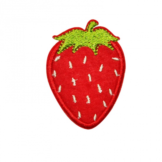 Picture of Fabric Iron On Patches Kids Patch Appliques (With Glue Back) Craft Red Strawberry Fruit 5cm x 3.6cm, 5 PCs