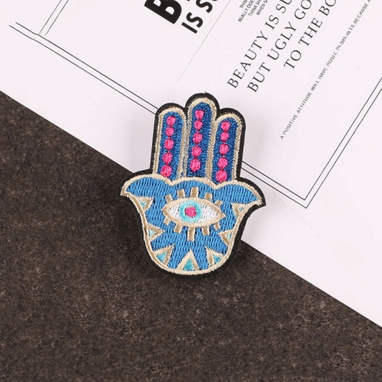 Picture of Fabric Religious Iron On Patches Kids Patch Appliques (With Glue Back) Craft Multicolor Hamsa Symbol Hand 5.8cm x 4.6cm, 5 PCs