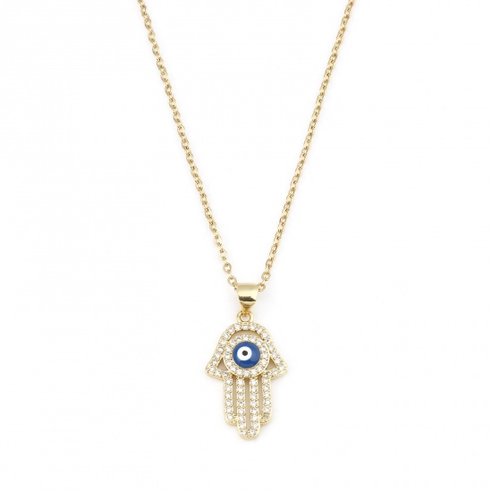 Picture of Stainless Steel & Copper Religious Link Cable Chain Necklace Gold Plated Hamsa Symbol Hand Evil Eye Micro Pave Clear Cubic Zirconia 45cm(17 6/8") long, 1 Piece
