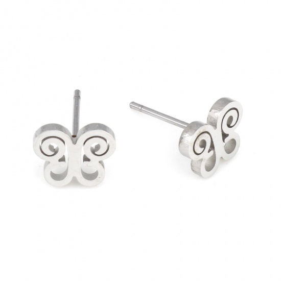 Image de Boucles d'Oreilles Puces en Acier Inoxydable Insecte Argent Mat Papillon Creux 8.5mm x 7mm , Epaisseur de Fil: (20 gauge), 6 Paires