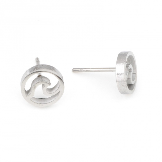 Image de Boucles d'Oreilles Puces en Acier Inoxydable Argent Mat Rond Vague Creux 8mm Dia., Epaisseur de Fil: (20 gauge), 6 Paires