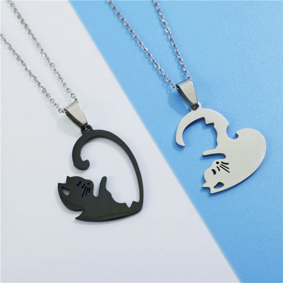 Picture of 201 Stainless Steel Couple Pendants Silver Tone Black Heart Cat 30mm x 27mm, 1 Pair