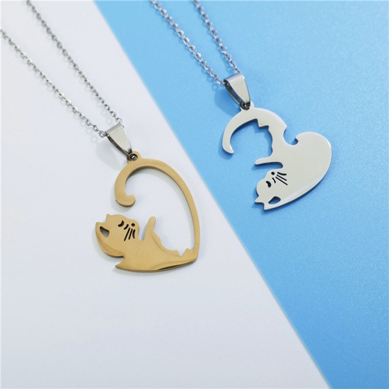 Picture of 201 Stainless Steel Couple Pendants Gold Plated Black Heart Cat 30mm x 27mm, 1 Pair