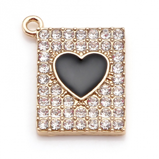 Picture of Zinc Based Alloy Valentine's Day Charms Gold Plated Black Rectangle Heart Enamel Clear Rhinestone 20mm x 16mm, 5 PCs