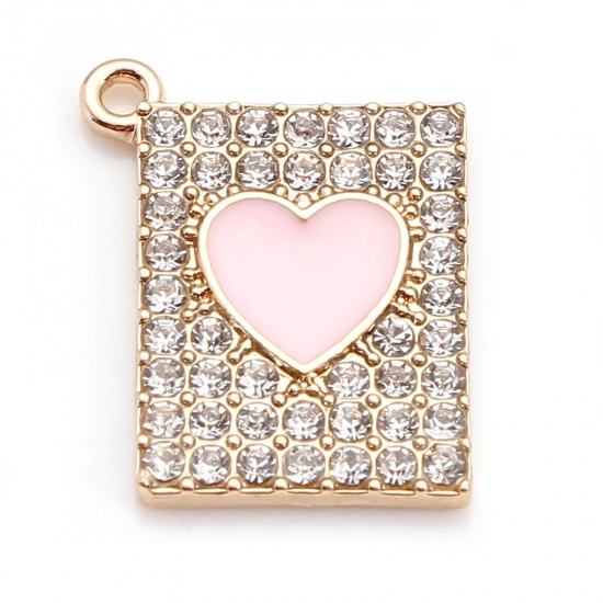 Picture of Zinc Based Alloy Valentine's Day Charms Gold Plated Pink Rectangle Heart Enamel Clear Rhinestone 20mm x 16mm, 5 PCs