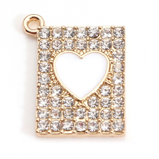 Picture of Zinc Based Alloy Valentine's Day Charms Gold Plated White Rectangle Heart Enamel Clear Rhinestone 20mm x 16mm, 5 PCs