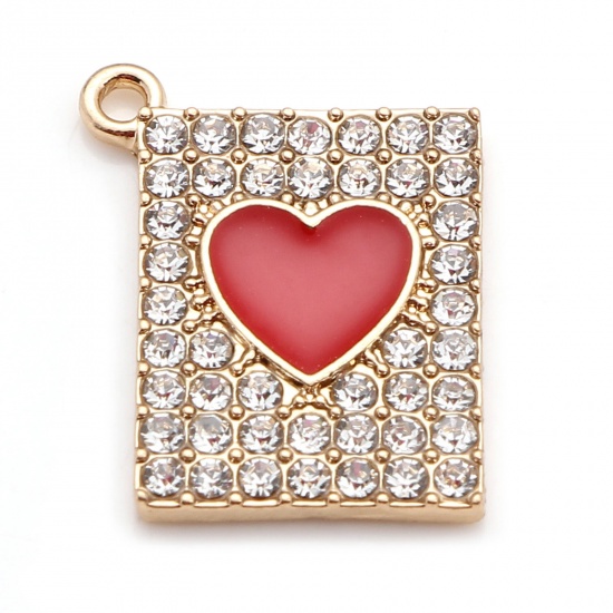 Picture of Zinc Based Alloy Valentine's Day Charms Gold Plated Red Rectangle Heart Enamel Clear Rhinestone 20mm x 16mm, 5 PCs